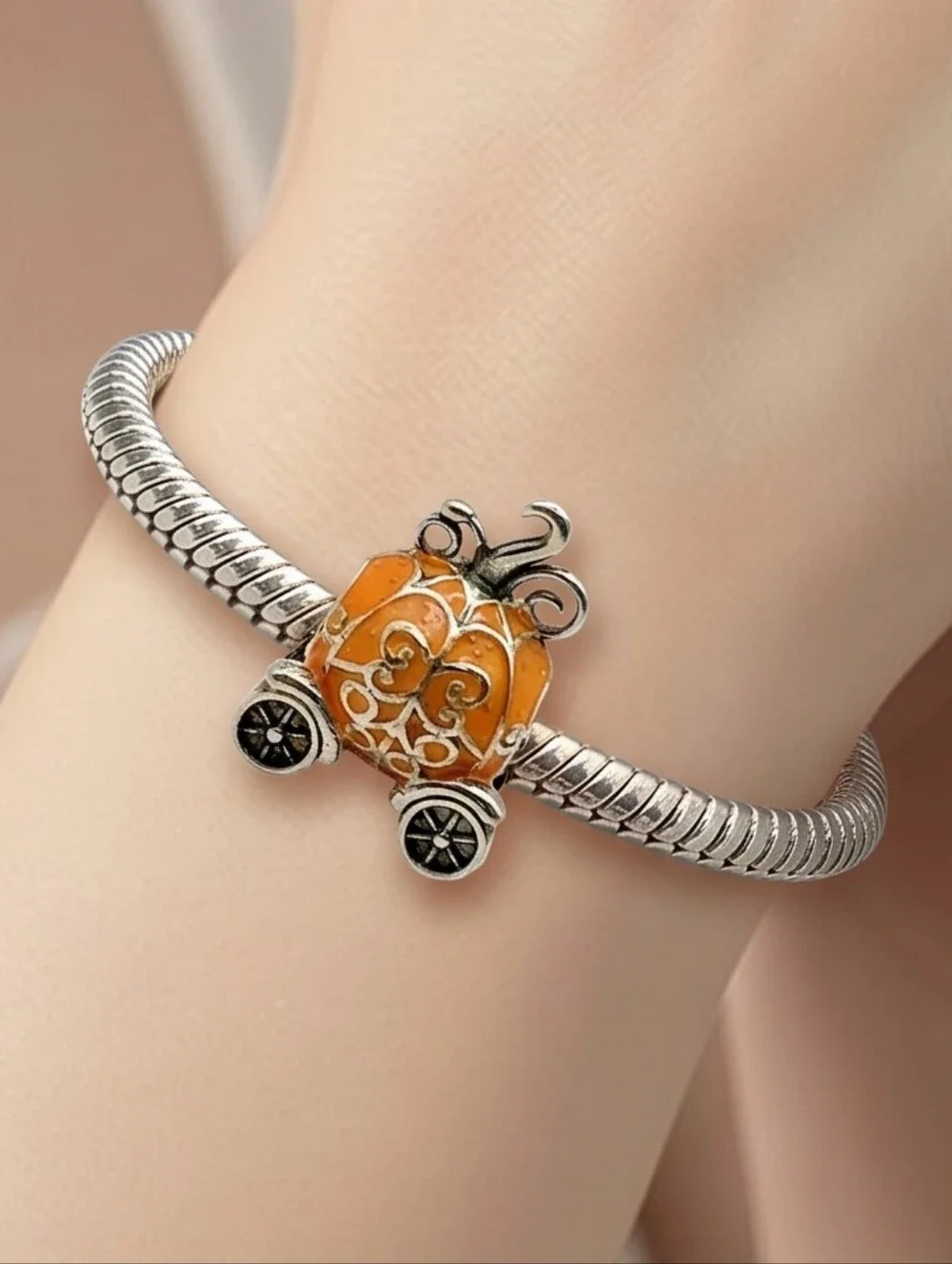 Cinderella Pumpkin Coach Charm 925 Sterling Silver Enamel Princess Bracelet Bead